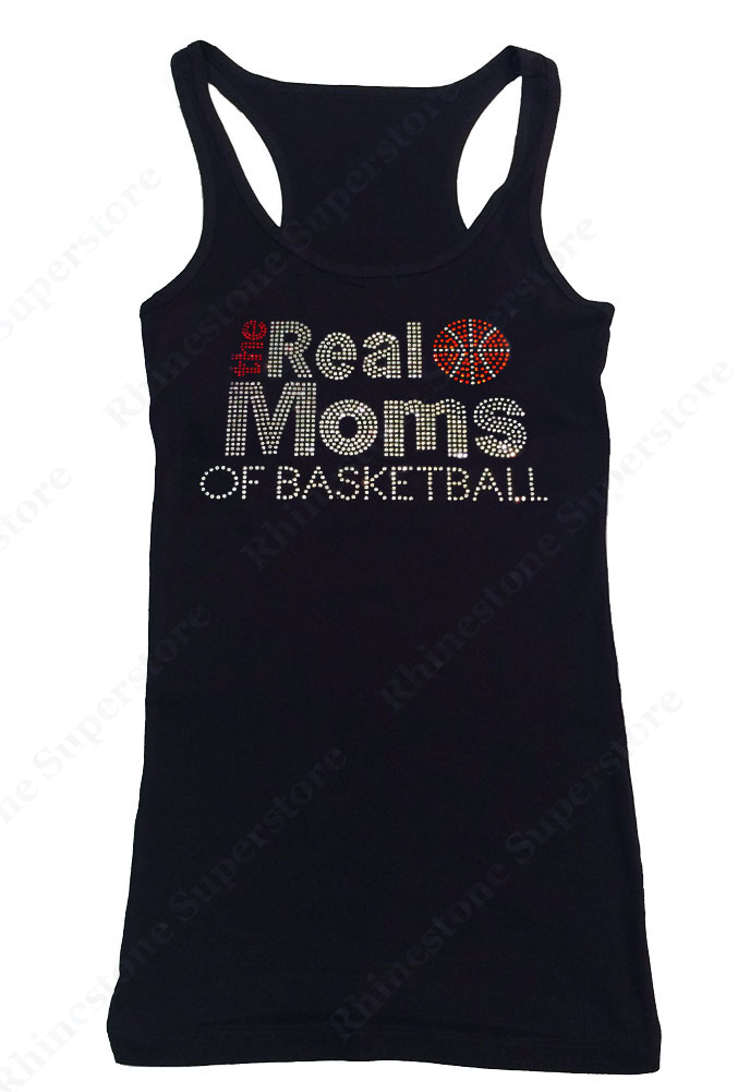 Womens T-shirt with the Real Moms of Basketball in Rhinestones