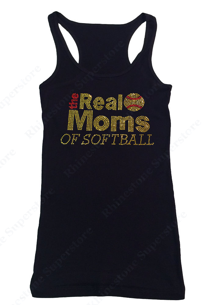Womens T-shirt with the Real Moms of Softball in All Gold Rhinestones
