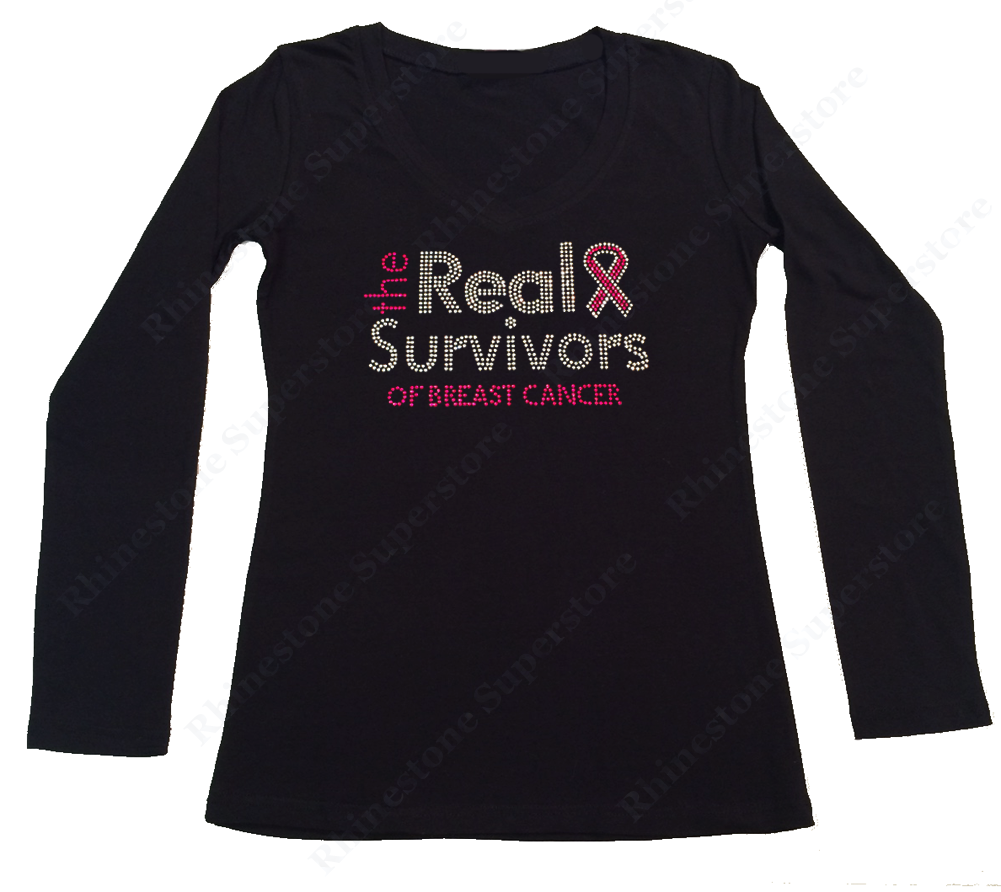 Womens T-shirt with The Real Survivors of Breast Cancer in Rhinestones