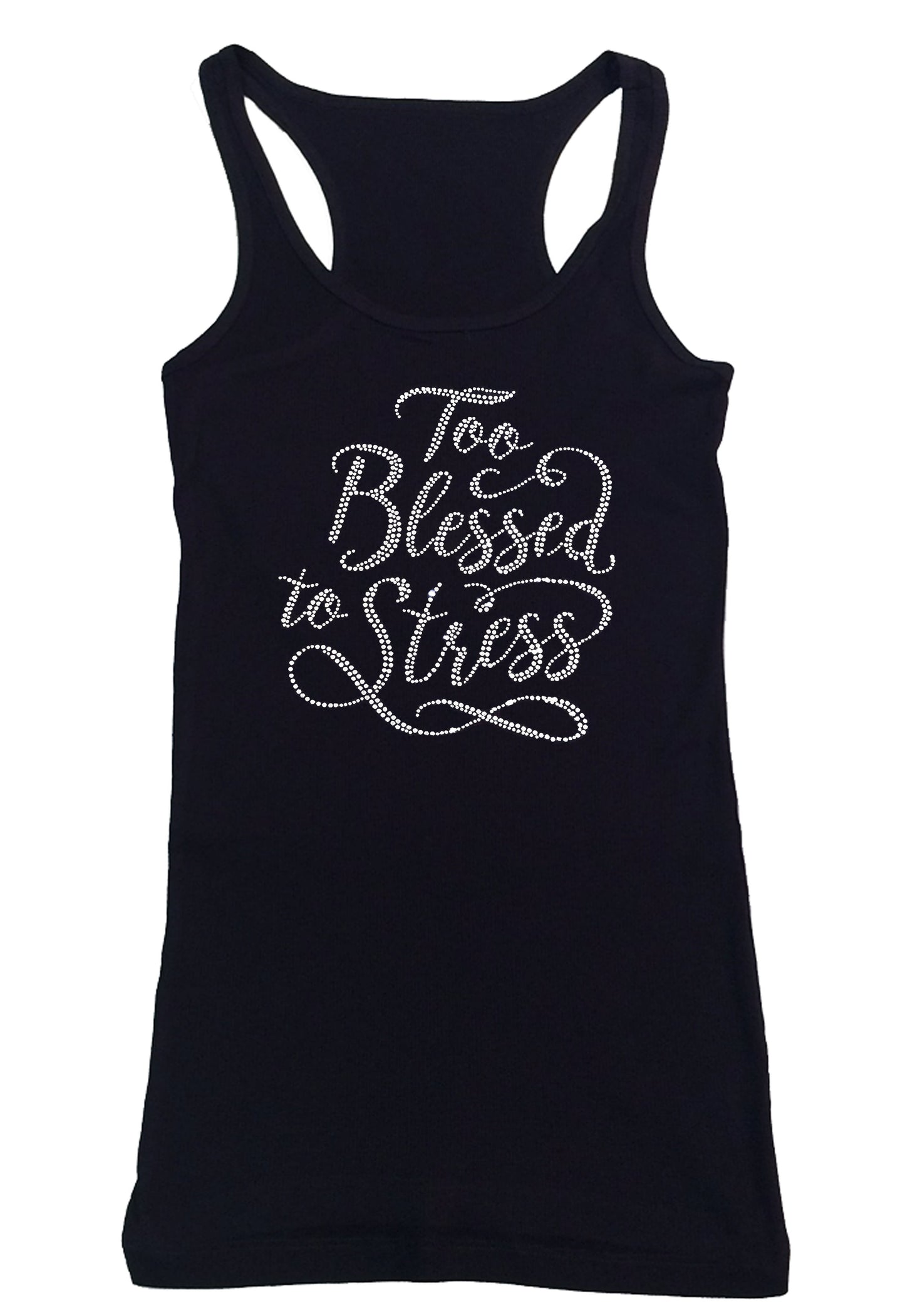 Womens T-shirt with Too Blessed to Stress in Rhinestones