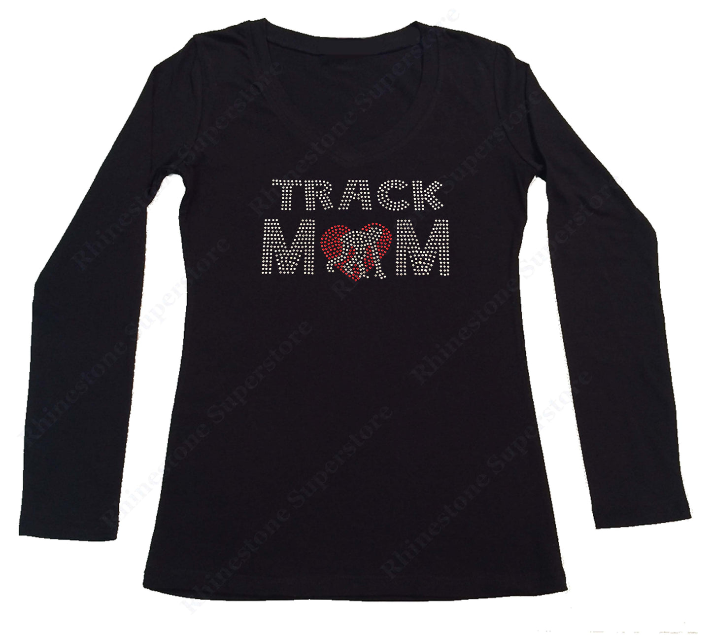 Womens T-shirt with Track Mom with Heart in Rhinestones