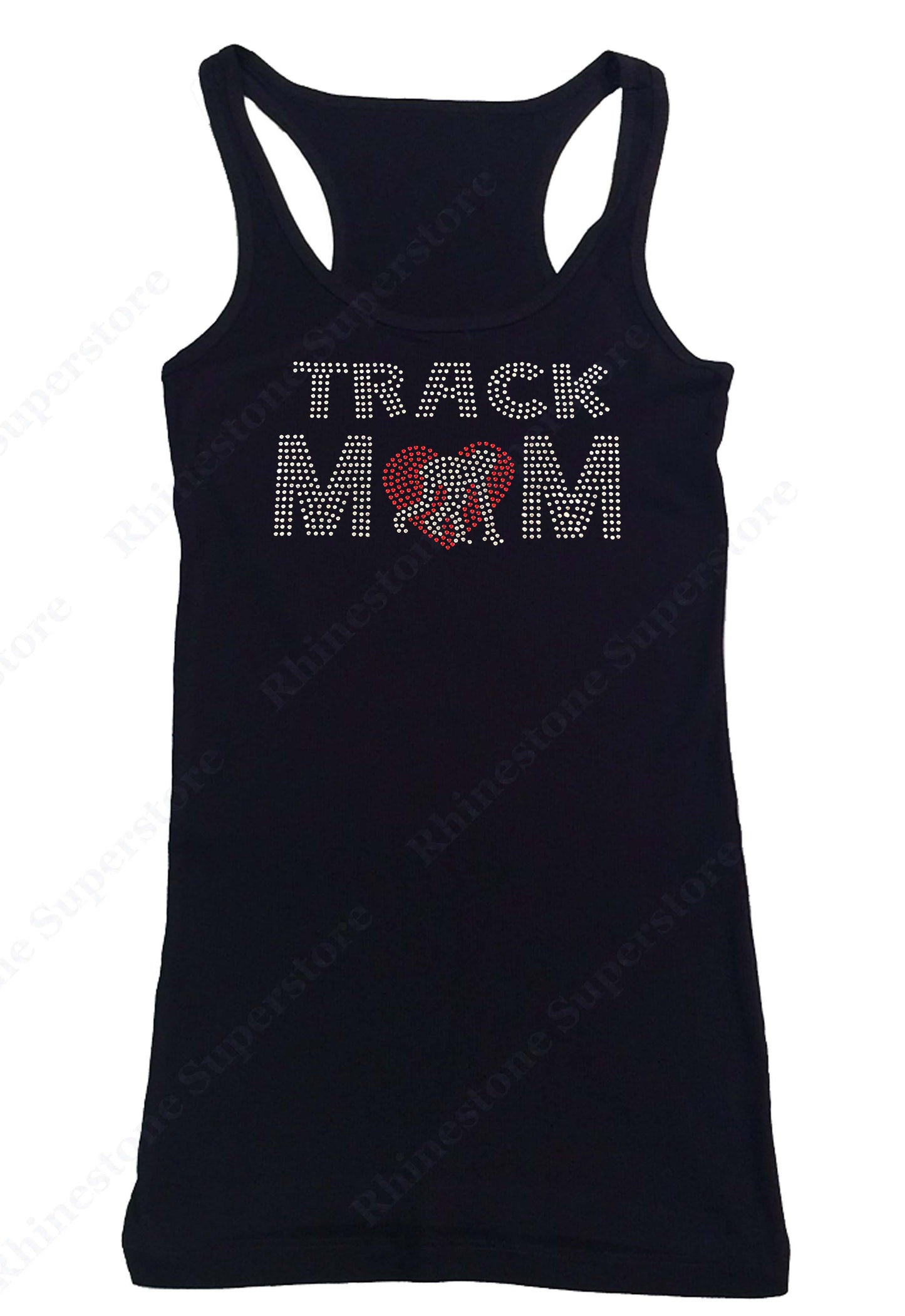 Womens T-shirt with Track Mom with Heart in Rhinestones