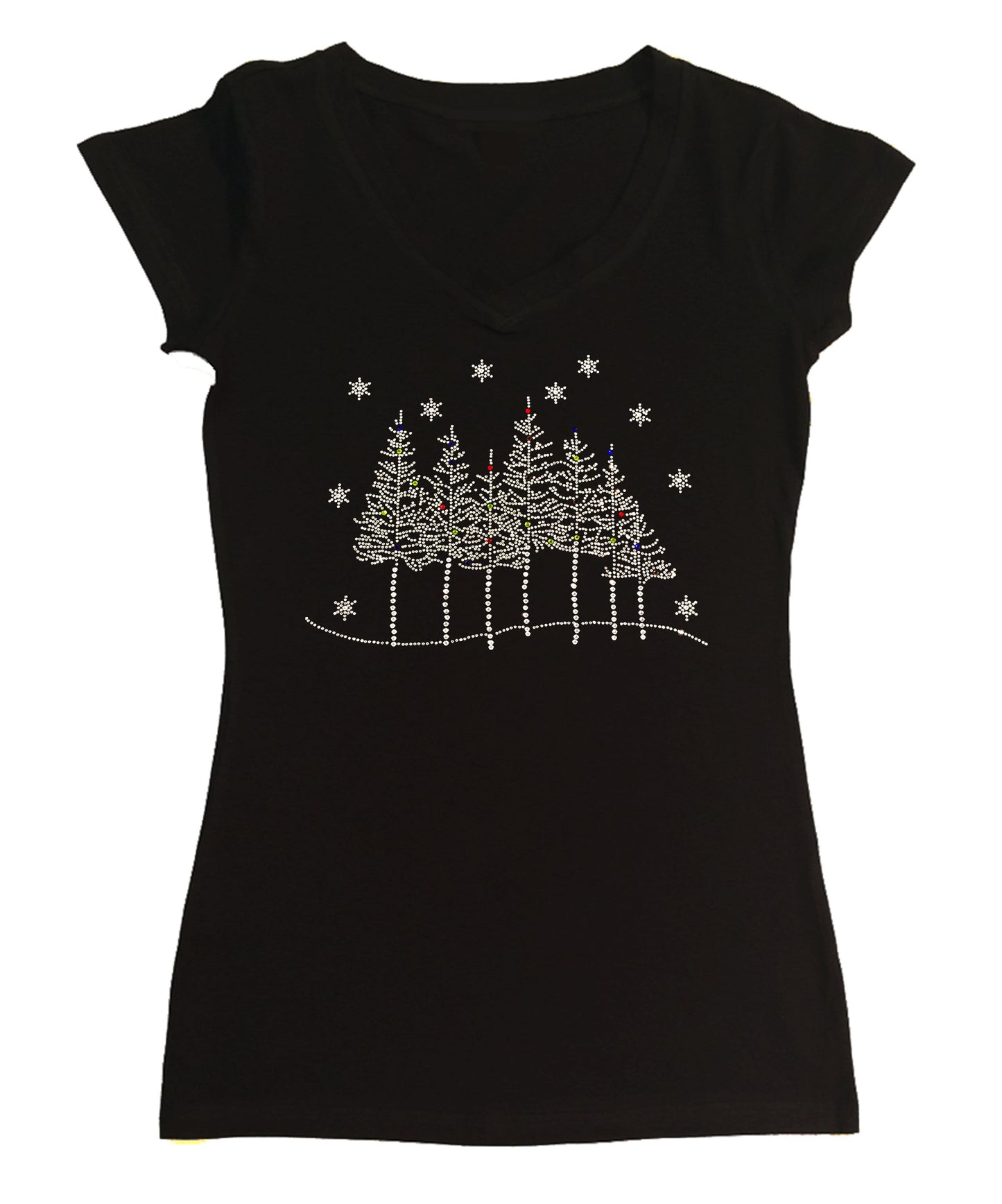 Tree Line Scene with Snowflakes in Rhinestones