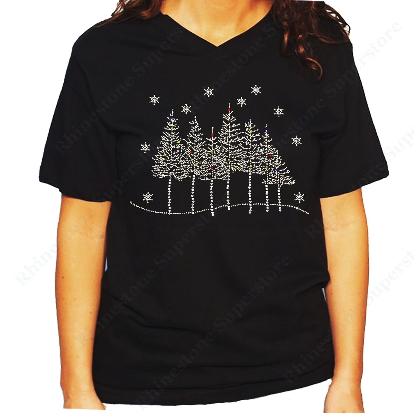 Women's / Unisex T-Shirt with Tree Line Scene with Snowflakes in Rhinestones