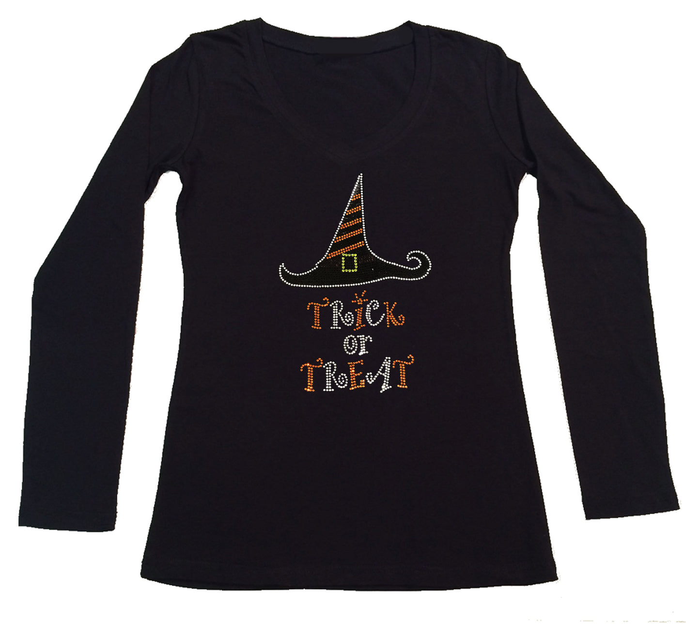 Womens T-shirt with Trick or Treat - Witch Hat Halloween in Rhinestones