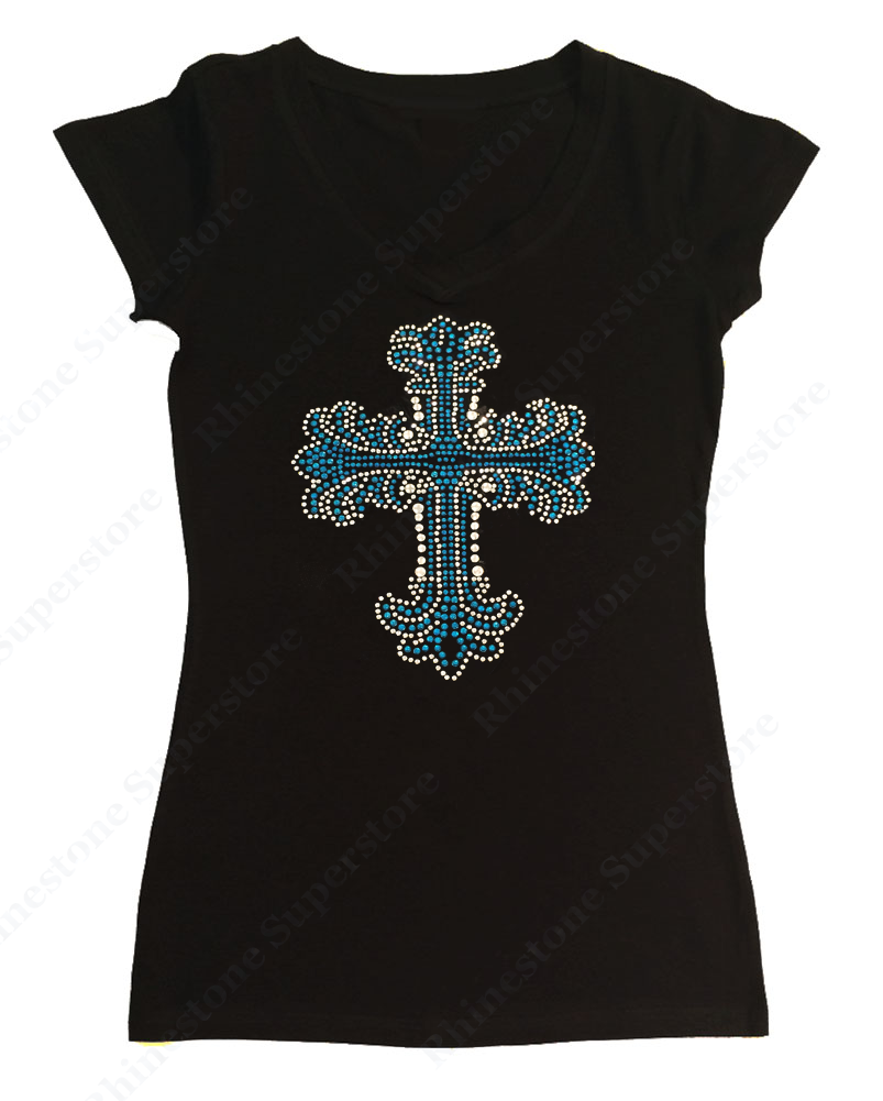 Womens T-shirt with Turquoise Cross in Rhinestones and Rhinestuds
