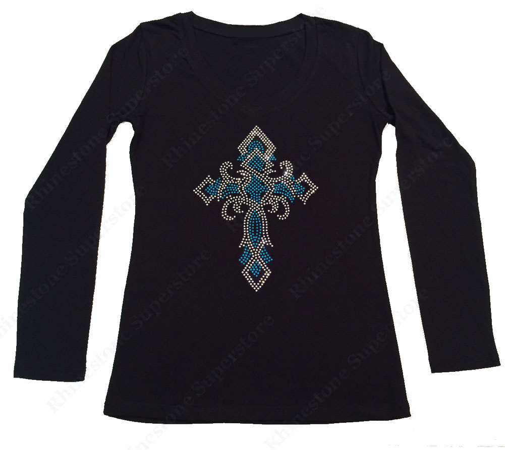 Womens T-shirt with Turquoise Twisted Cross in Rhinestones