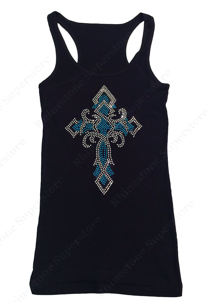 Womens T-shirt with Turquoise Twisted Cross in Rhinestones