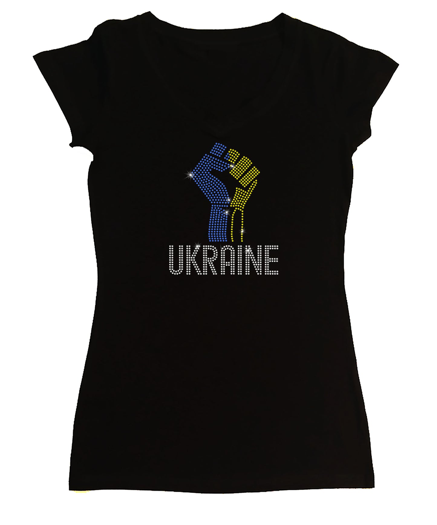 Women's Rhinestone Fitted Tight Snug Shirt Ukraine with Fist - Ukrainian Colors Support for Ukraine