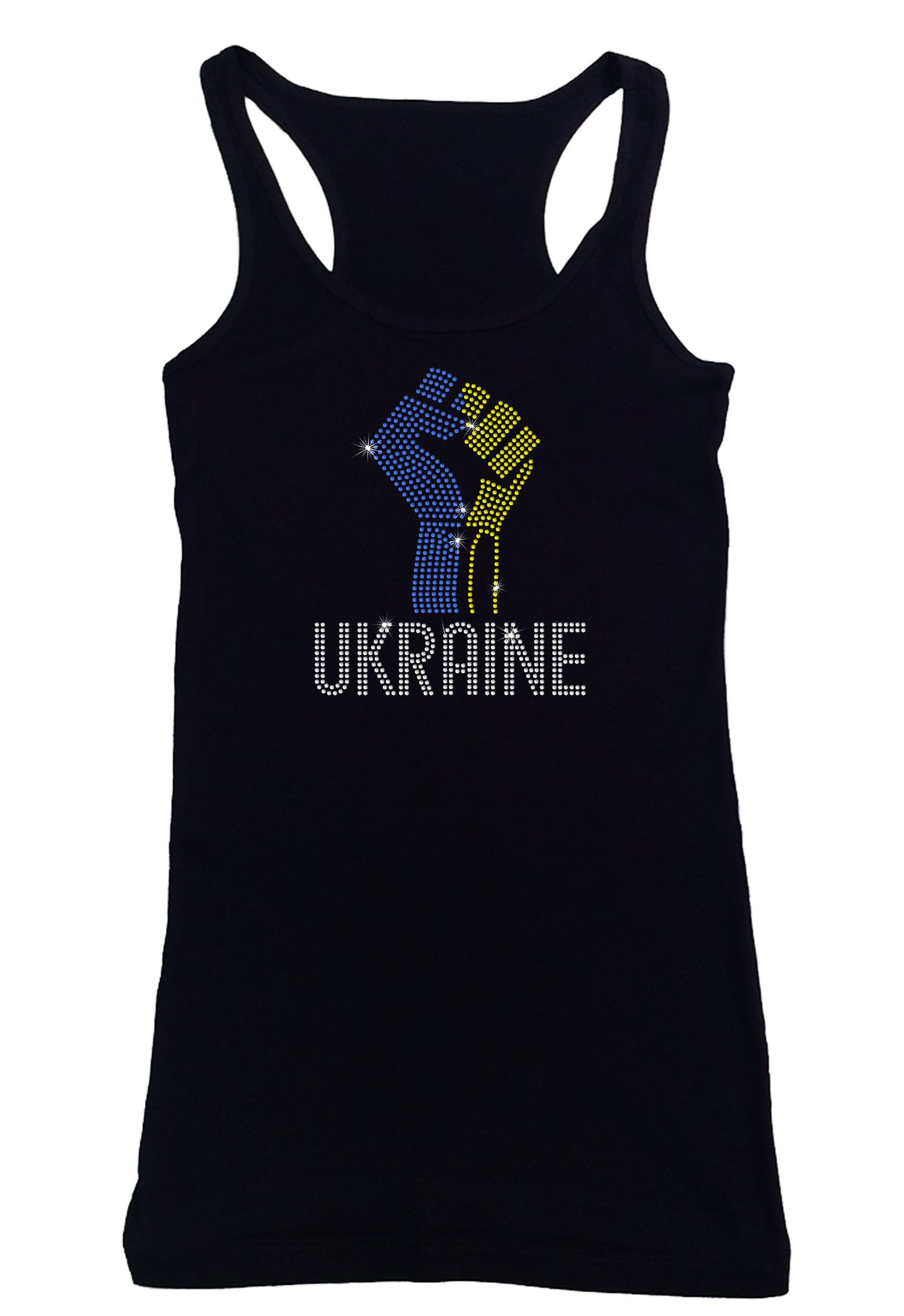 Women's Rhinestone Fitted Tight Snug Shirt Ukraine with Fist - Ukrainian Colors Support for Ukraine