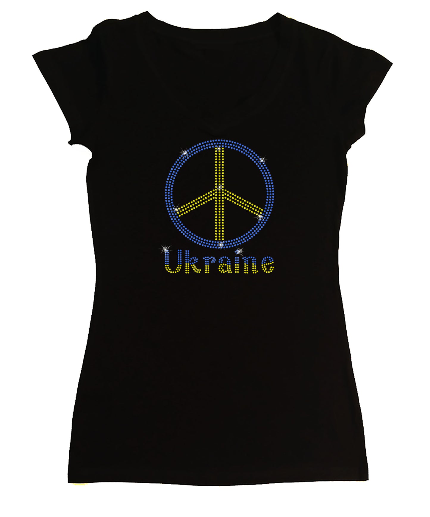 Women's Rhinestone Fitted Tight Snug Shirt Peace in Ukraine - Ukrainian Colors Peace Sign, Support for Ukraine