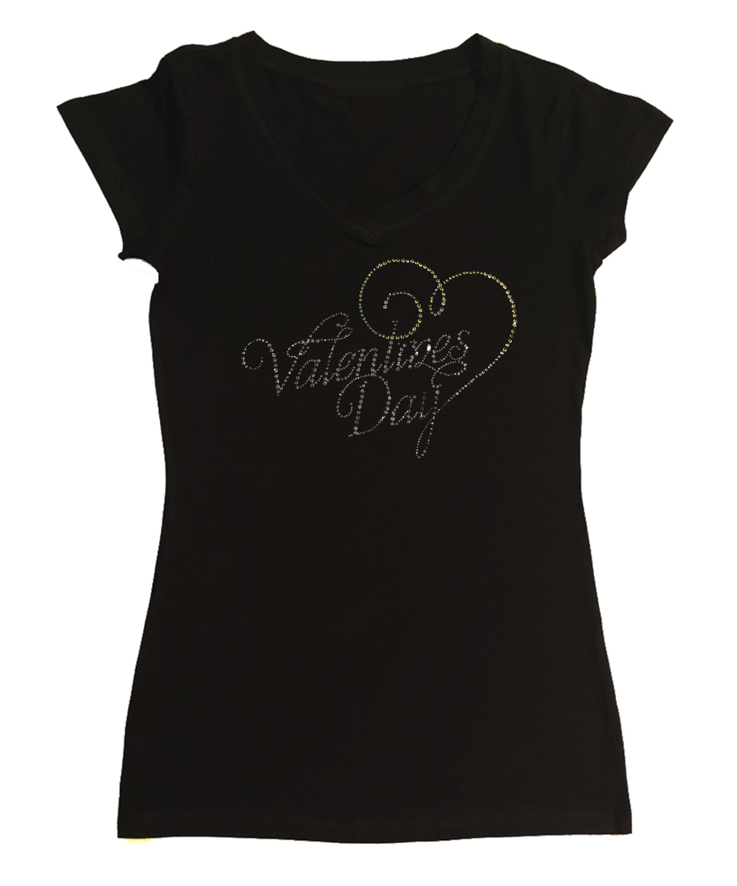 Womens T-shirt with Valentines Day with Pink Heart in Script in Rhinestones