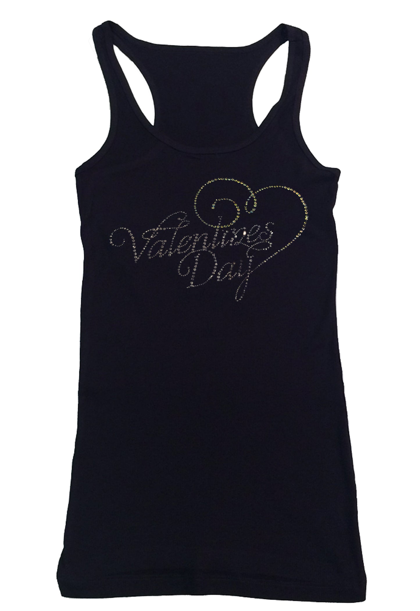 Womens T-shirt with Valentines Day with Pink Heart in Script in Rhinestones