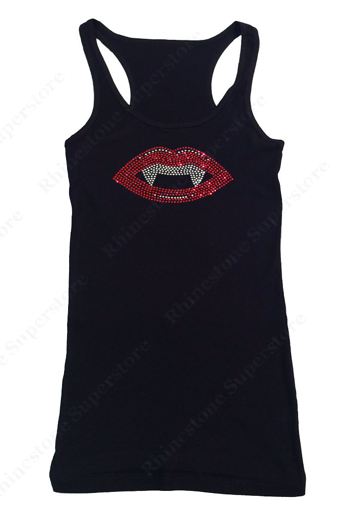 Womens T-shirt with Sexy Vampire Lips in Rhinestones
