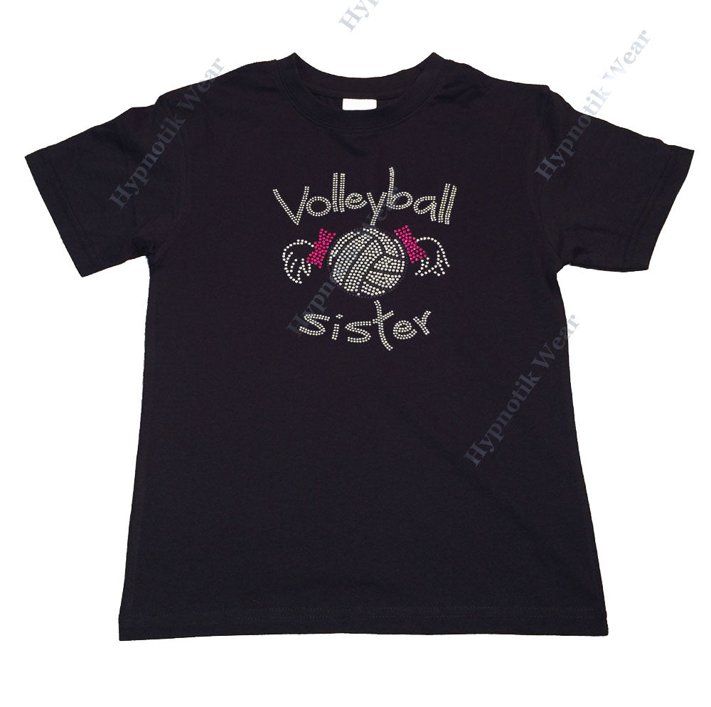 Girls Rhinestone T-Shirt Volleyball Sister w/ Pigtails - Sizes 3 to 14 Available