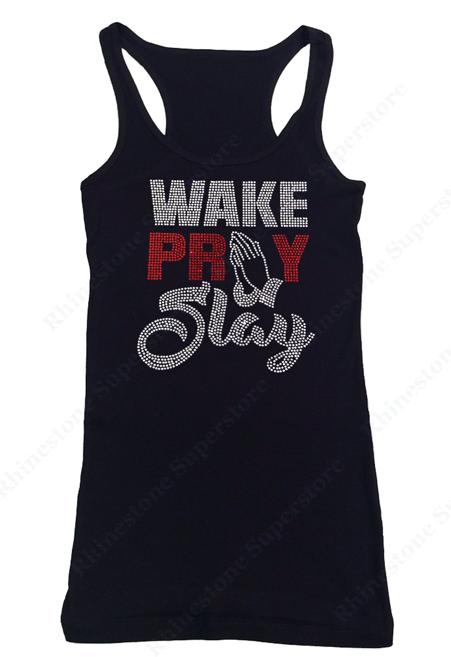 Womens T-shirt with Wake Pray Slay in Rhinestones