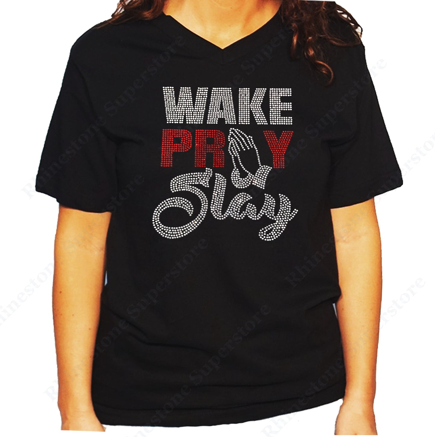 Women's / Unisex T-Shirt with Wake Pray Slay in Rhinestones