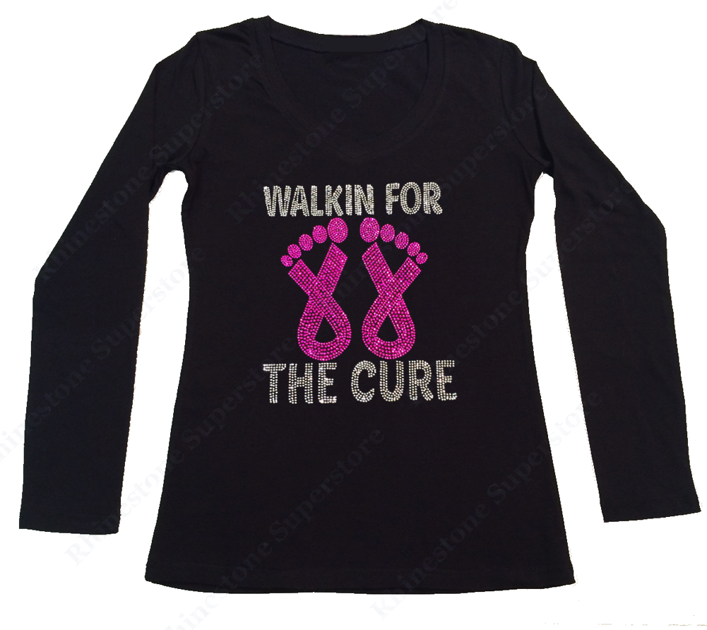 Womens T-shirt with Walk for the Cure Cancer Ribbons in Rhinestones