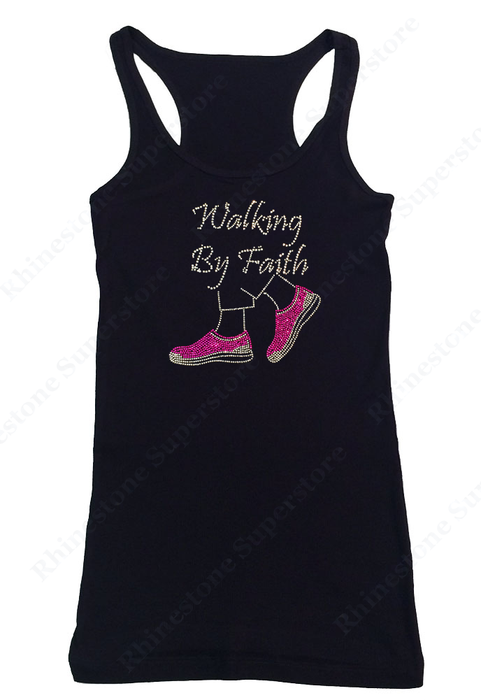 Womens T-shirt with Walking by Faith Pink Shoes in Rhinestones