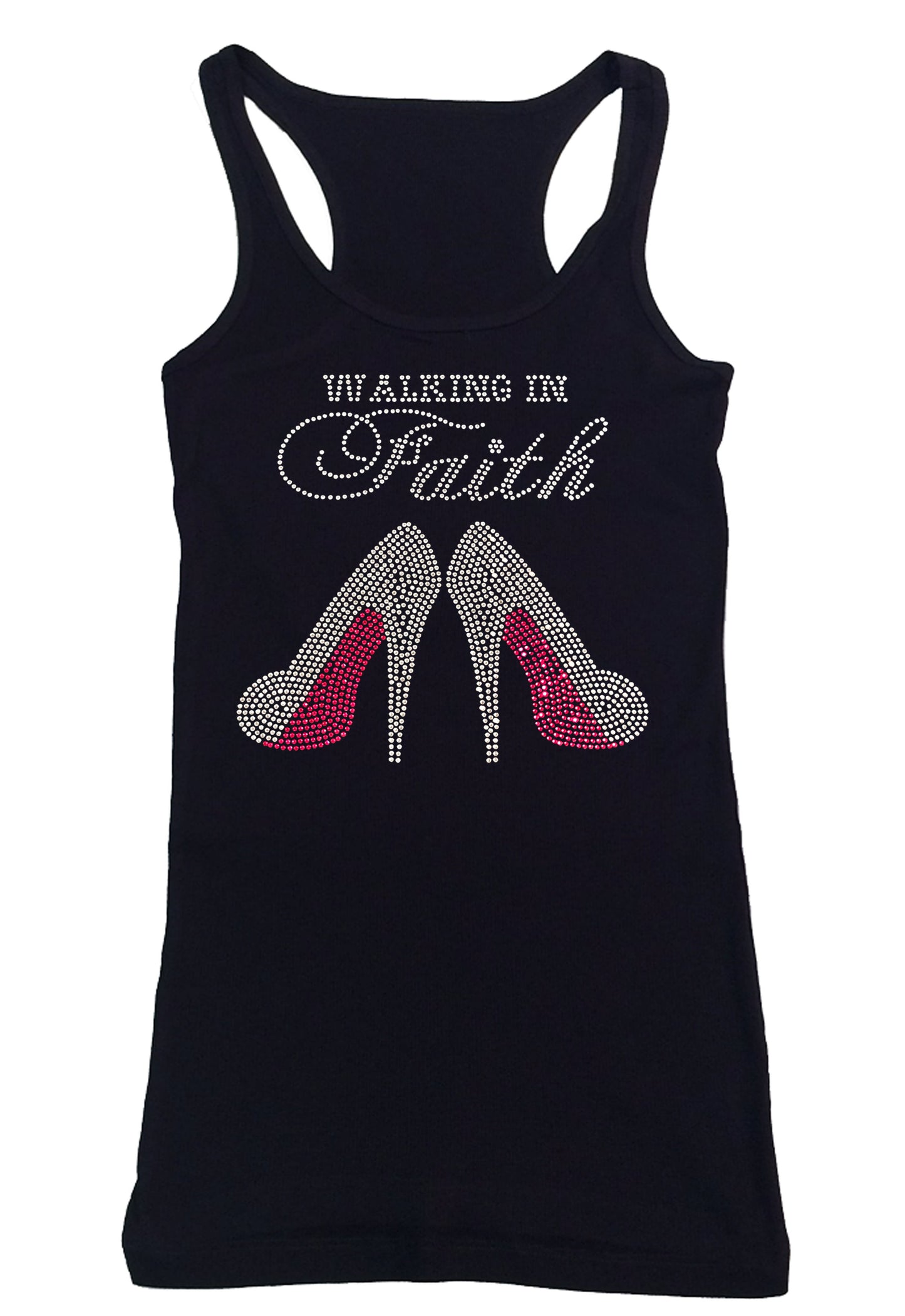 Womens T-shirt with Walking in Faith Pink Heels in Rhinestones