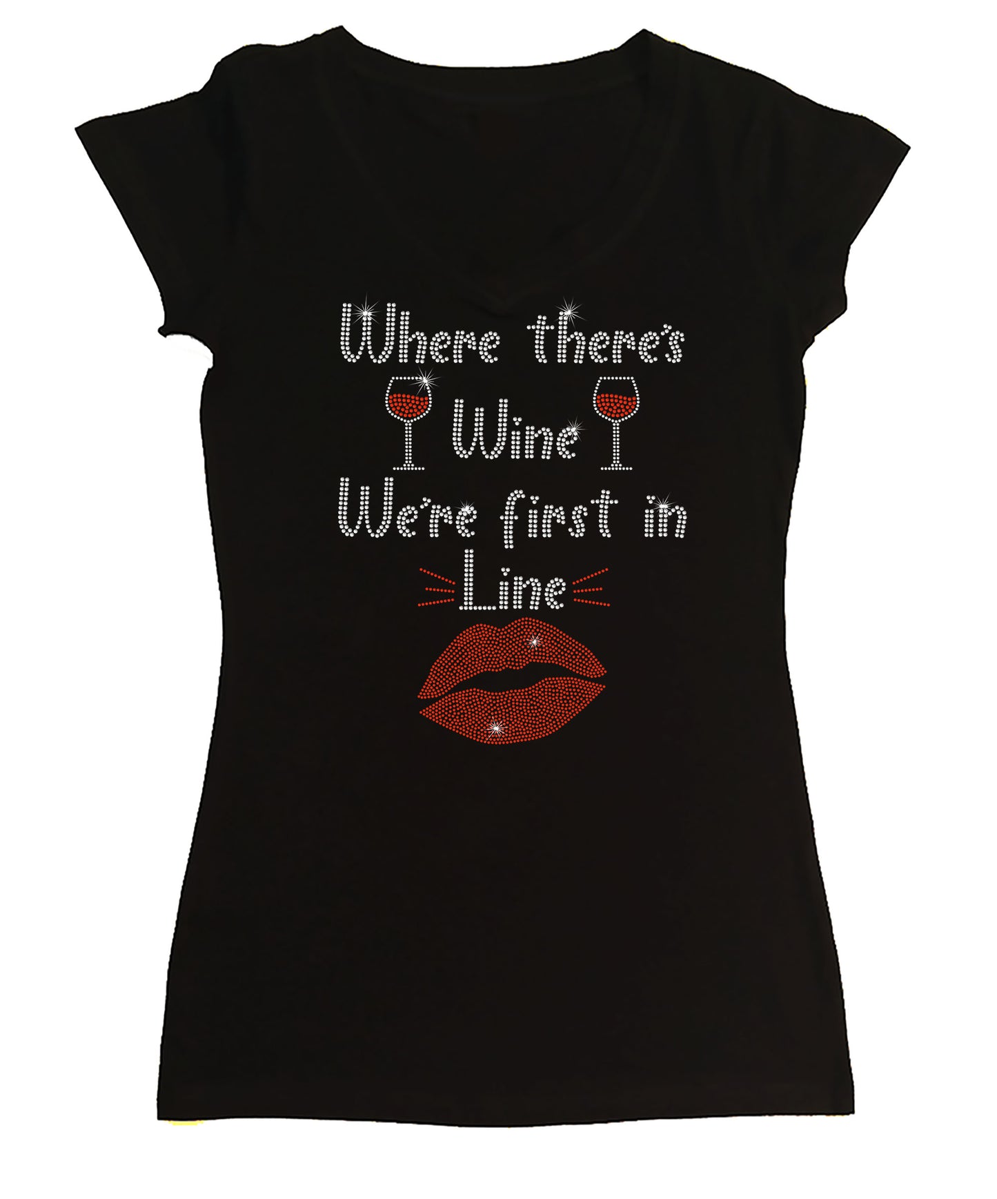 Womens T-shirt with Where there's Wine in Rhinestones