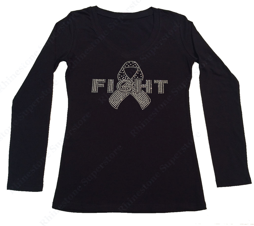 Womens T-shirt White Fight Child Cancer Ribbon in Rhinestones and Rhinestuds