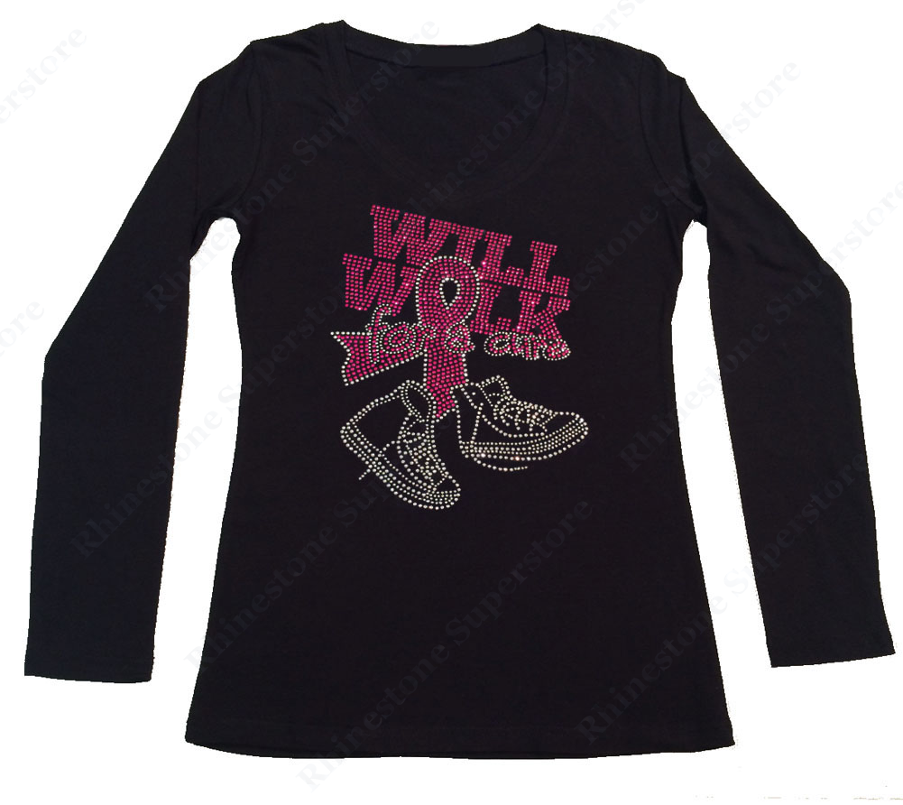 Womens T-shirt with Will Walk for a Cure in Rhinestones