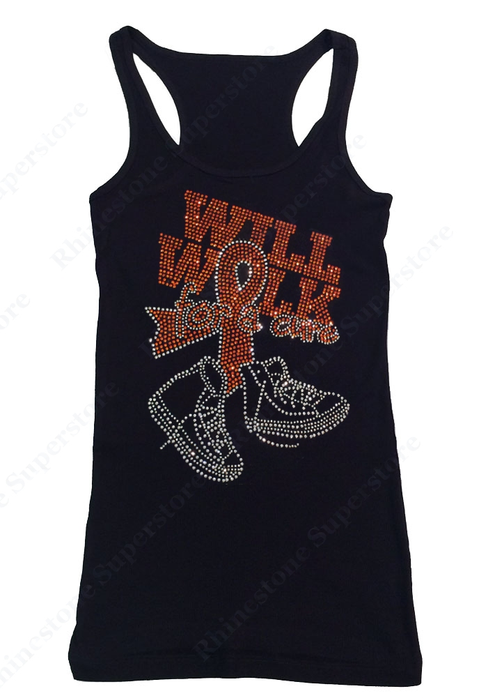 Womens T-shirt with Will Walk for a Cure Leukemia Cancer Ribbon in Rhinestones