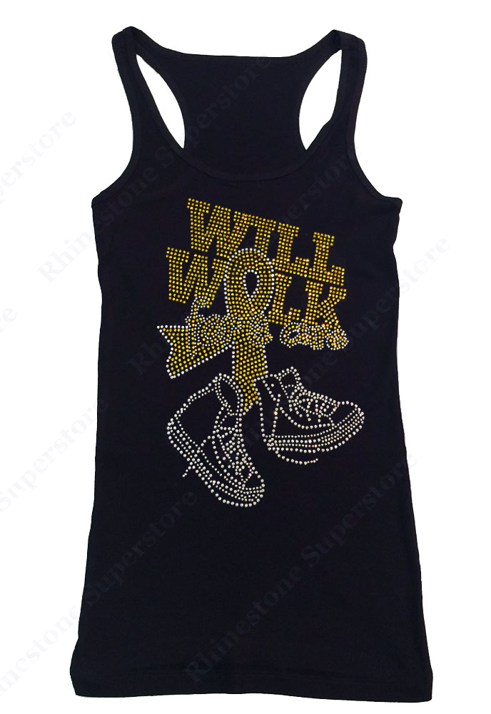 Womens T-shirt with Will Walk for a Cure Sarcoma Bone Cancer Ribbon in Rhinestones