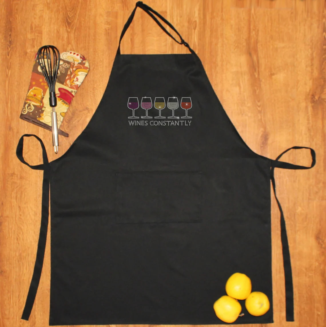 Rhinestone Embellished Black Apron with " Wine Apron, Kitchen Apron " Drink Night