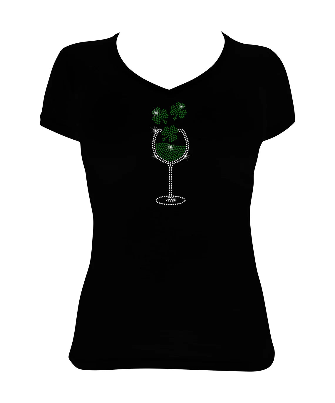 Women's Rhinestone Fitted Tight Snug Wine Glass with Clovers, Saint Patty's Day Shirt