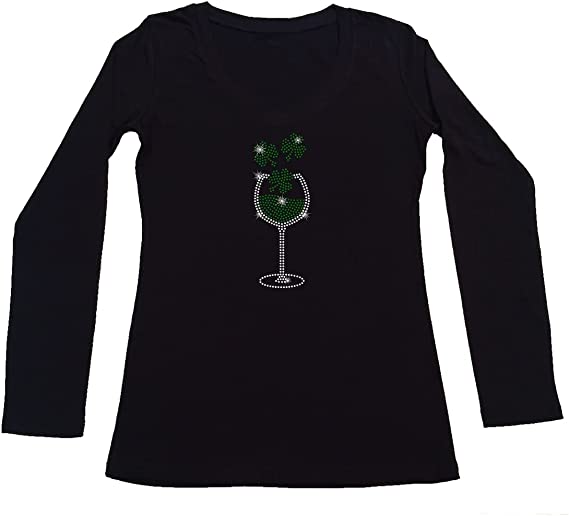 Women's Rhinestone Fitted Tight Snug Wine Glass with Clovers, Saint Patty's Day Shirt