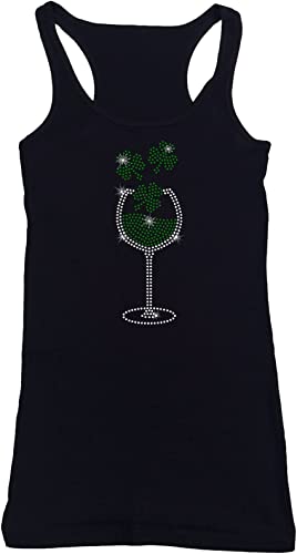 Women's Rhinestone Fitted Tight Snug Wine Glass with Clovers, Saint Patty's Day Shirt