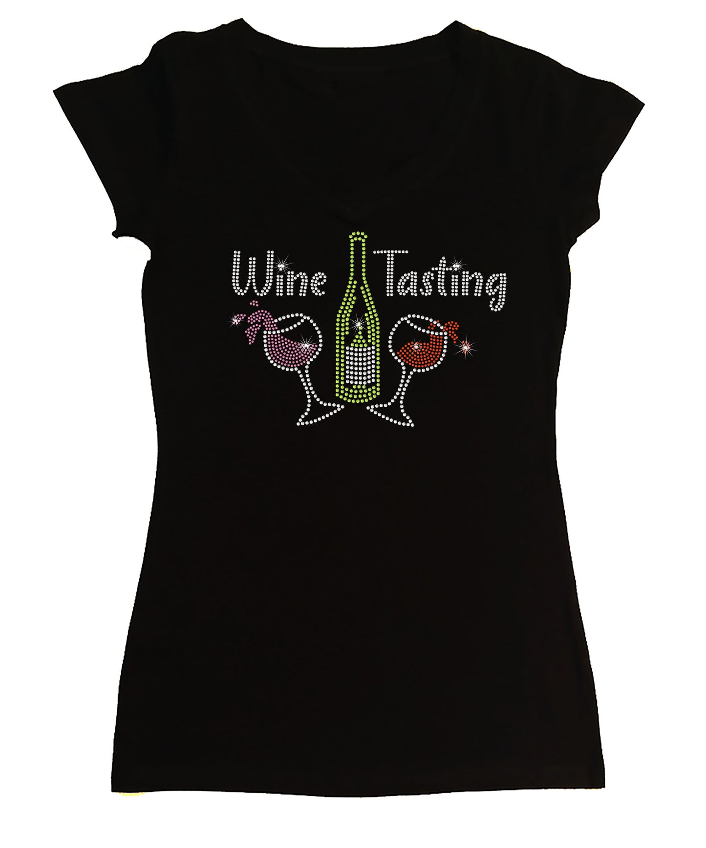 Women's Rhinestone Fitted Tight Snug Shirt Wine Tasting - Wine Glasses and Wine Bottles
