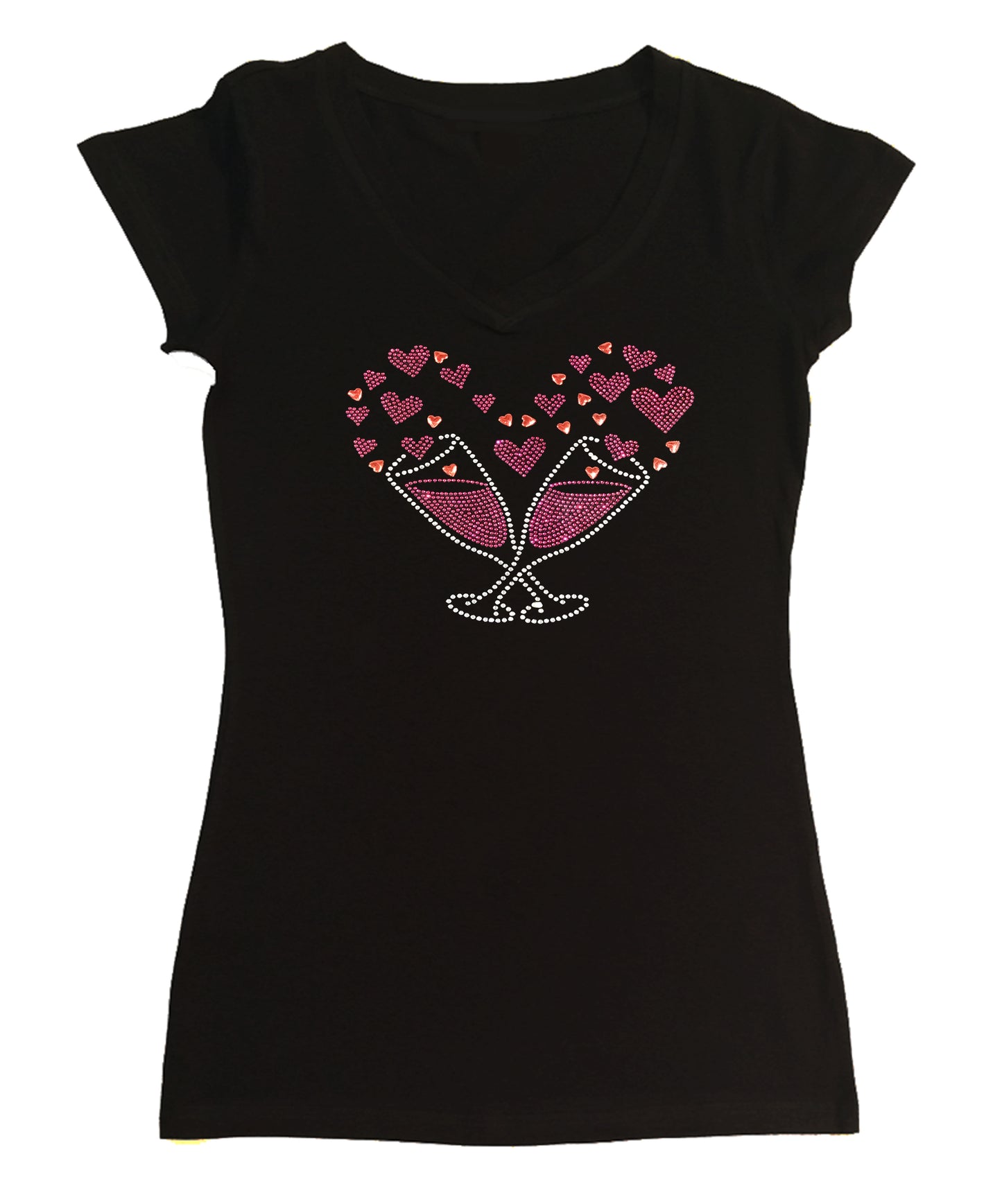Womens T-shirt with Wine Glasses Heart in Rhinestones