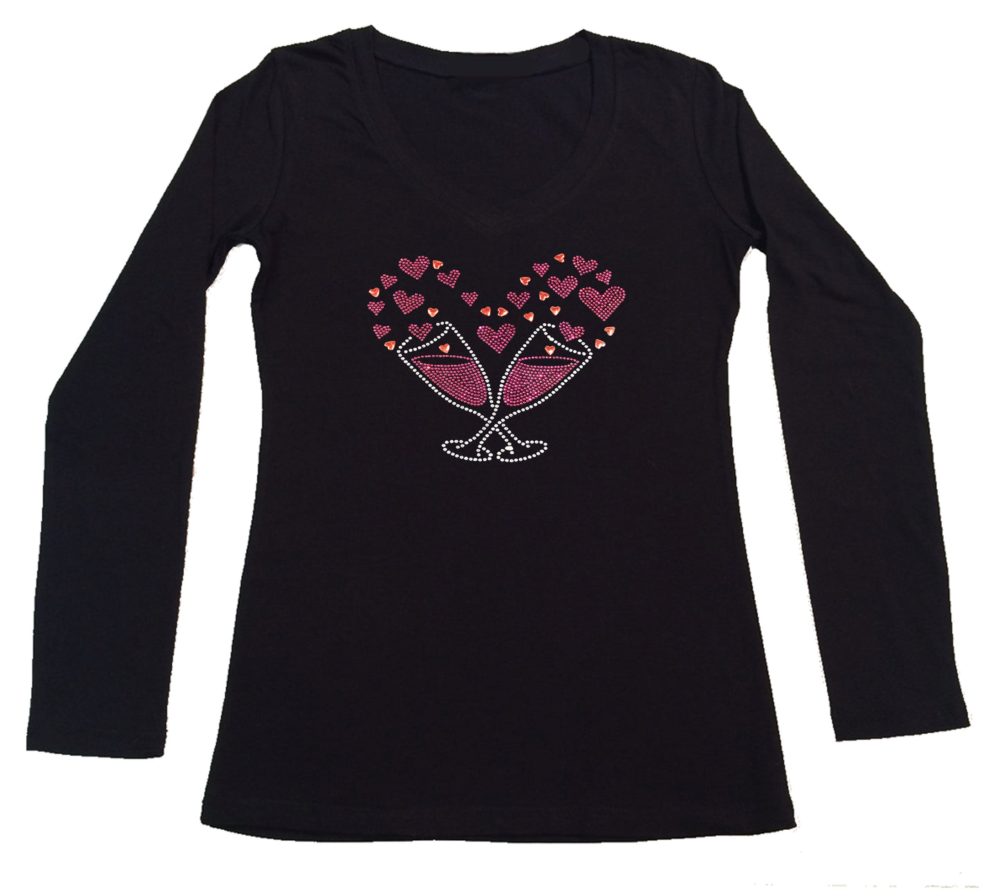 Womens T-shirt with Wine Glasses Heart in Rhinestones