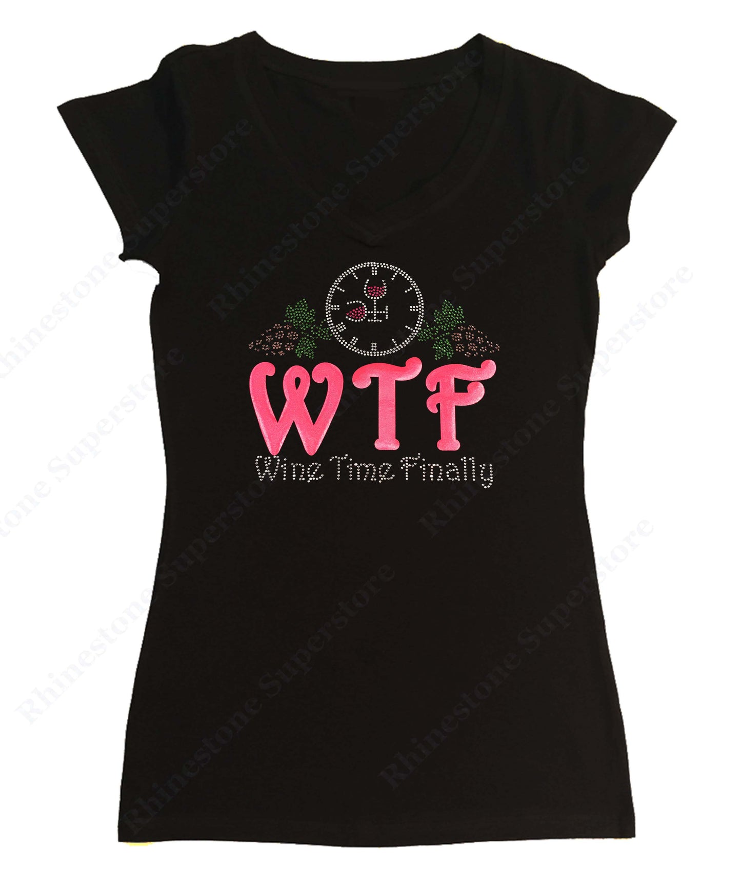 Womens T-shirt with Wine Time Finally with Grapes in Rhinestones