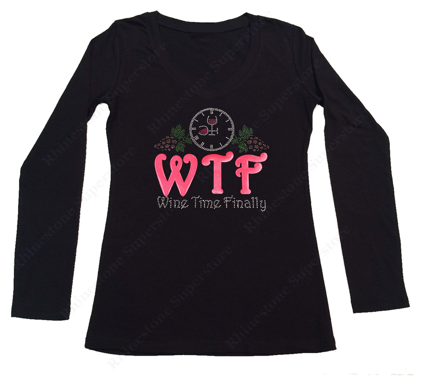 Womens T-shirt with Wine Time Finally with Grapes in Rhinestones