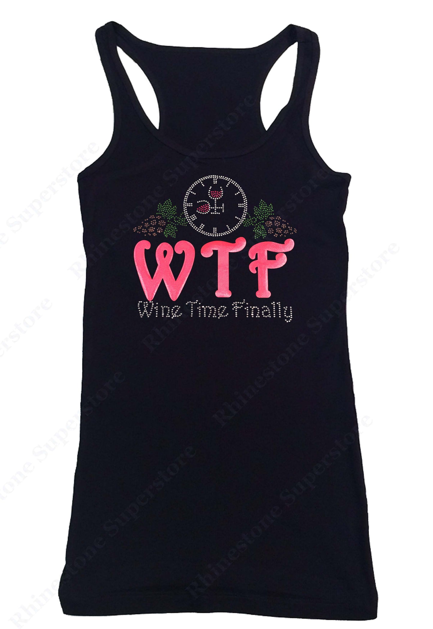 Womens T-shirt with Wine Time Finally with Grapes in Rhinestones