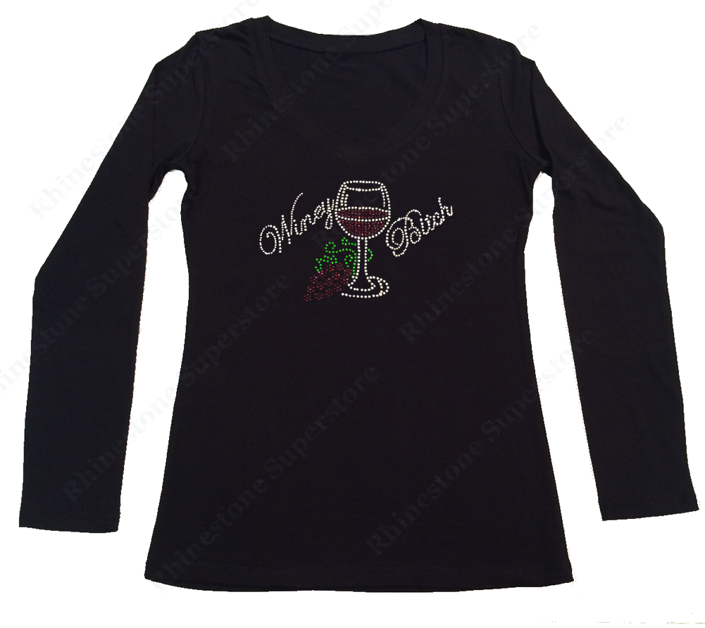 Womens T-shirt with Winey Bitch with Wine Glass and Grapes in Rhinestones