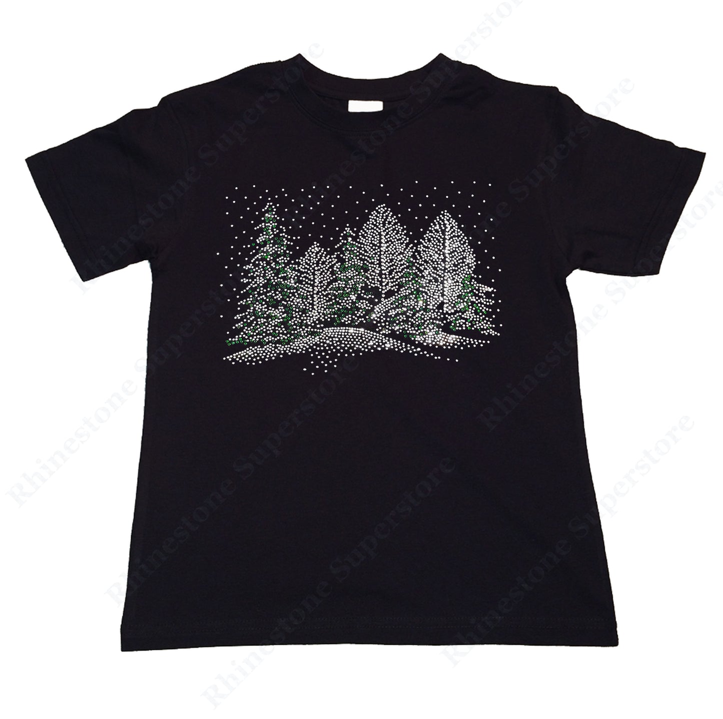 Girls Rhinestone T-Shirt " Winter Scene with Snow and Christmas Trees in Rhinestones " Kids Size 3 to 14 Available
