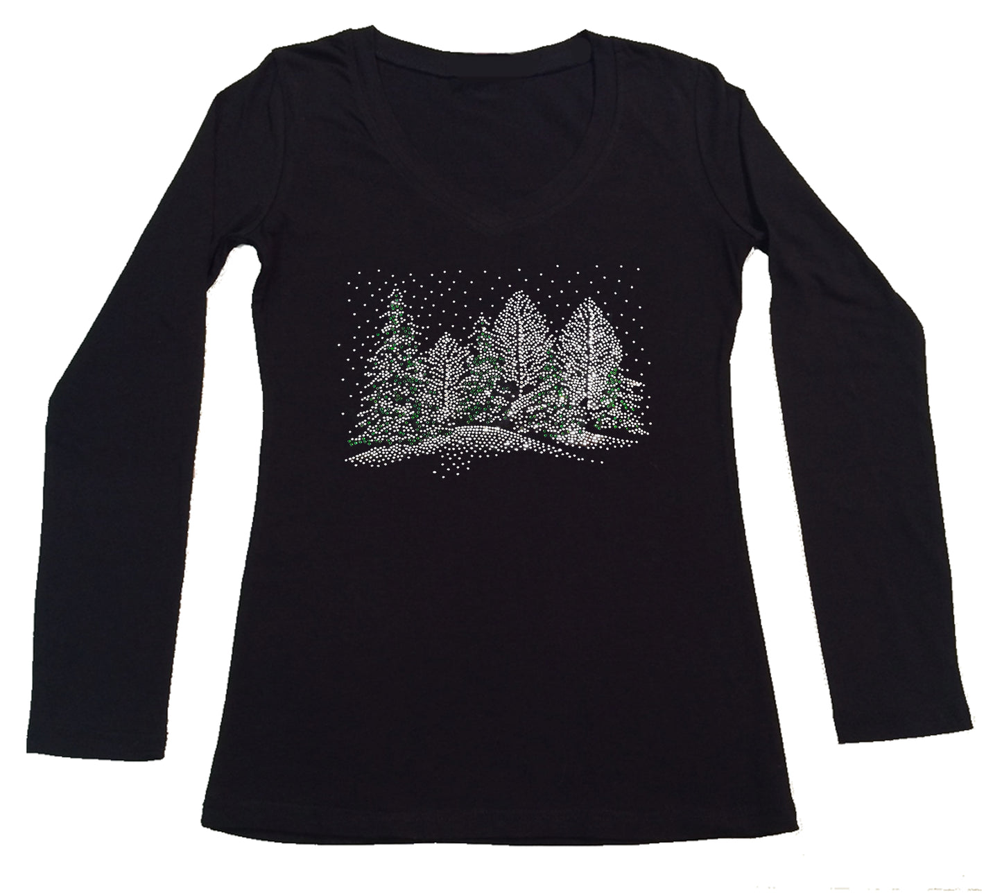 Womens T-shirt with Winter Scene with Snow and Christmas Trees in Rhinestones
