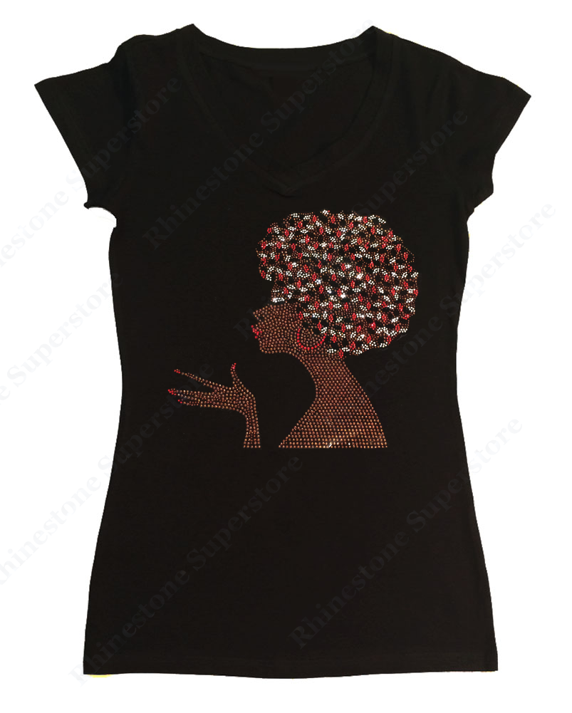 Womens T-shirt with Women with Afro in Rhinestones