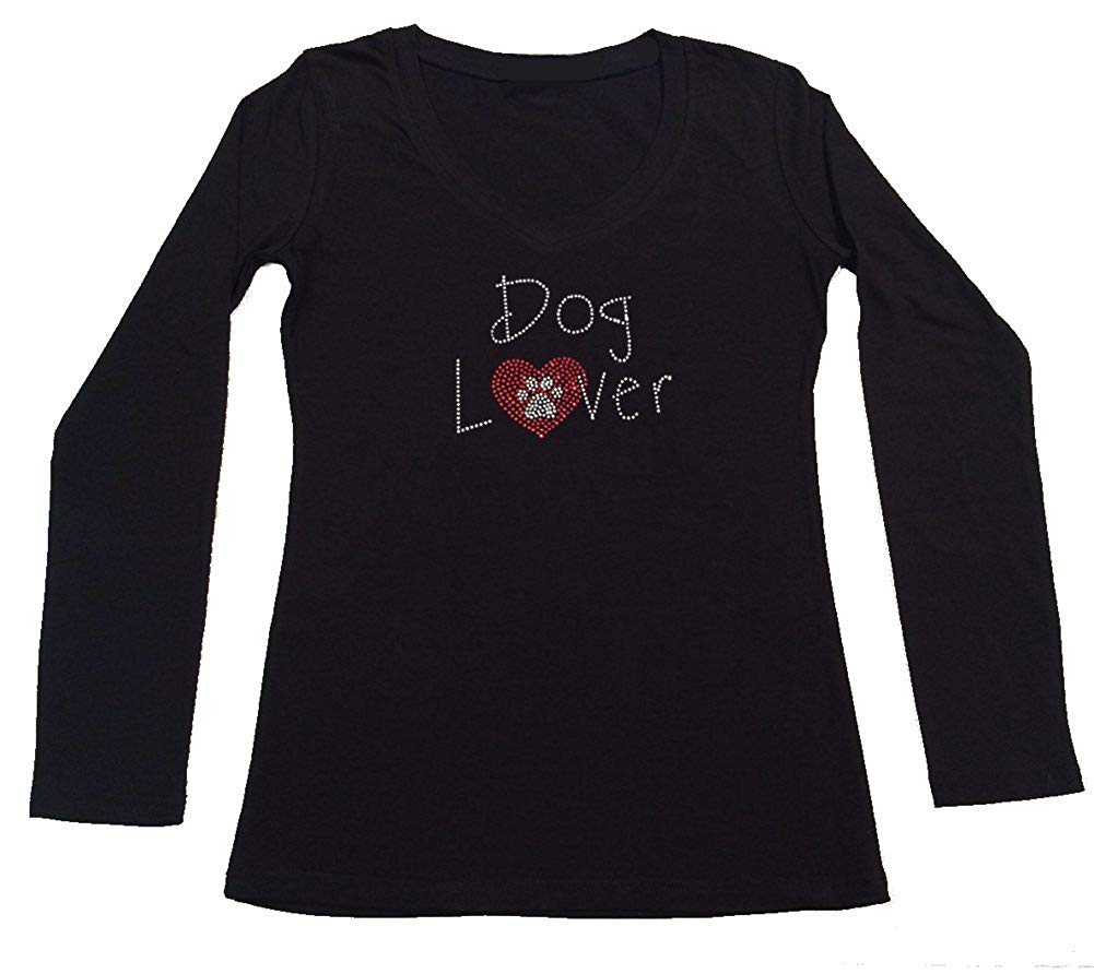 Womens T-shirt with Dog Lover with Heart and Paw in Rhinestones