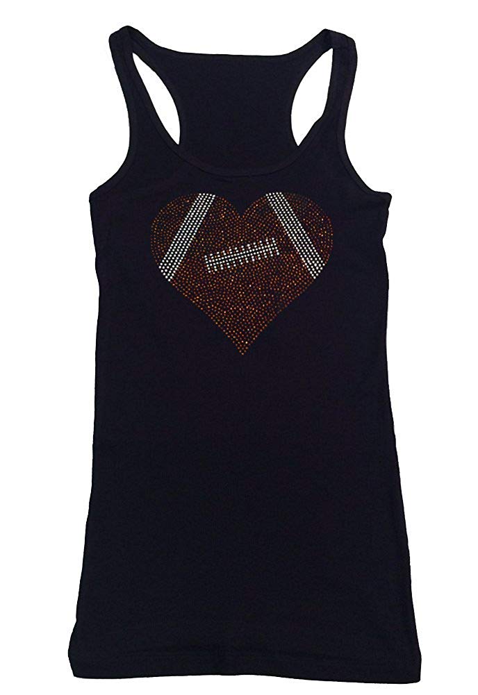 Womens T-shirt with Football Heart in Rhinestones