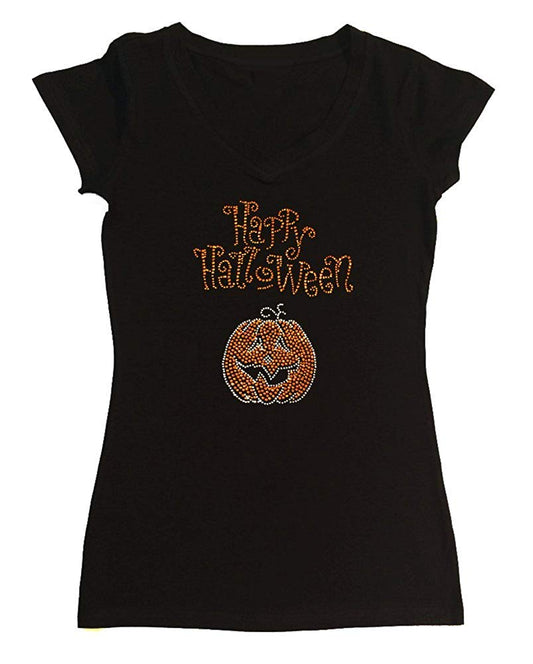 Womens T-shirt with New Happy Halloween with Pumpkin in Rhinestones