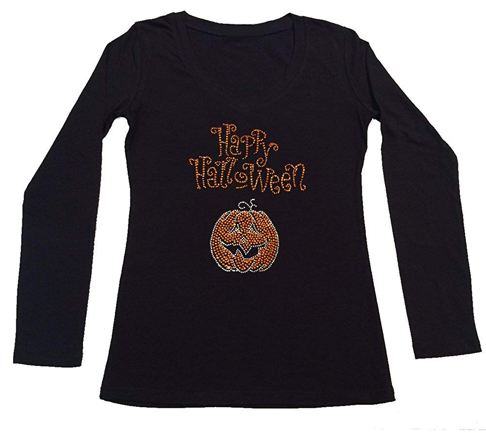 Womens T-shirt with New Happy Halloween with Pumpkin in Rhinestones