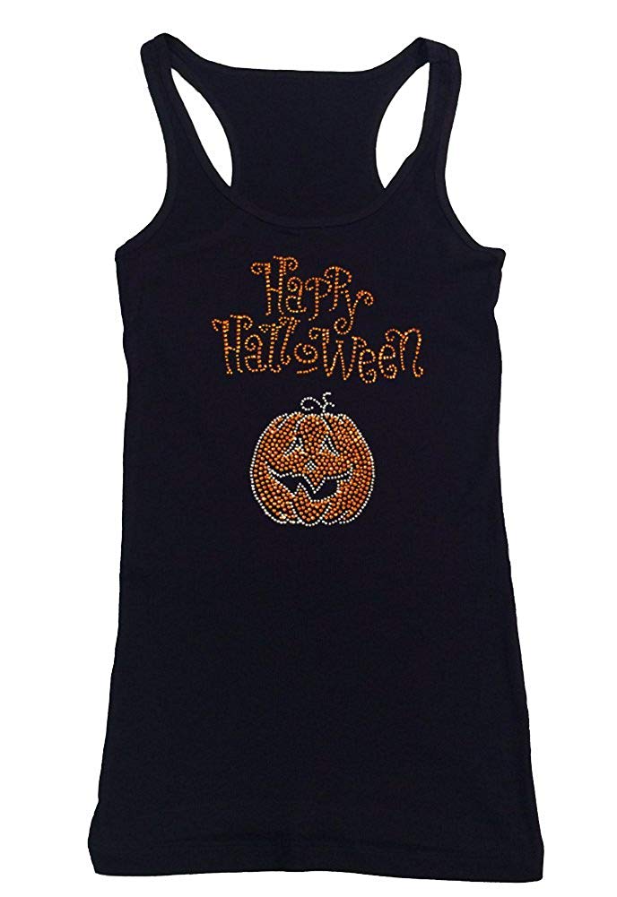 Womens T-shirt with New Happy Halloween with Pumpkin in Rhinestones