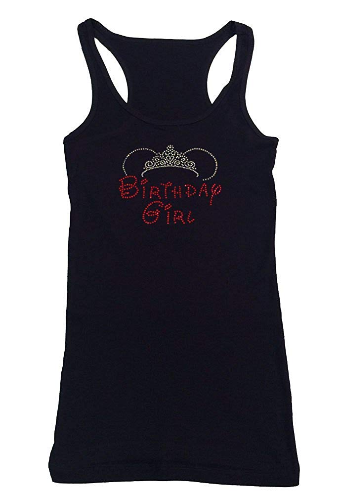 Womens T-shirt with Red Birthday Girl with Tiara in Rhinestones