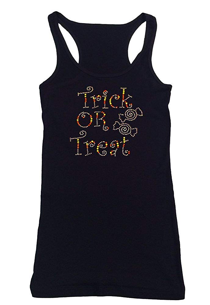 Womens T-shirt with Trick or Treat with Candy in Rhinestones